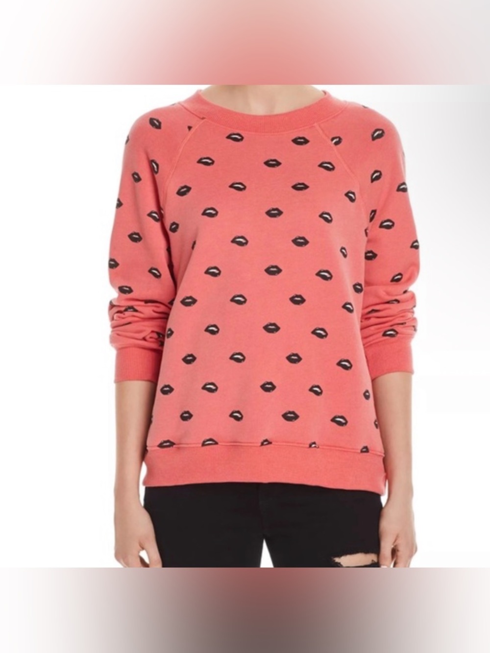 Wildfox Coral Pink Crewneck Sweatshirt with Black Lip Print
